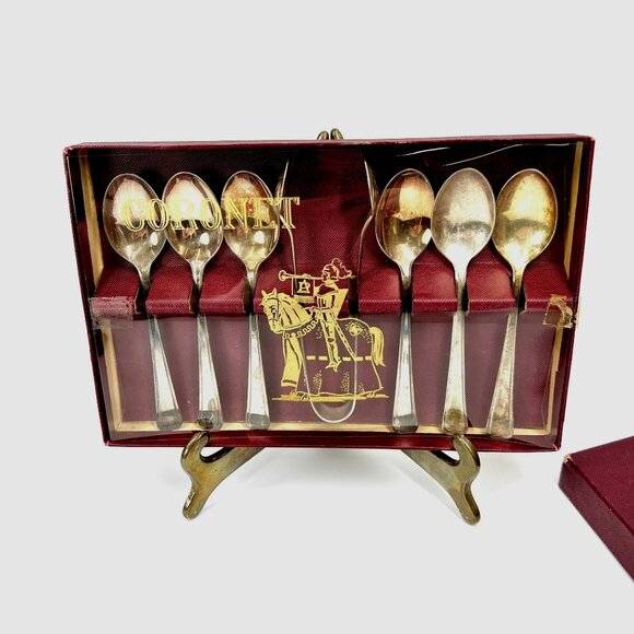 Vtg Estate Coronet Silver Plated Flatware Boxed Espresso Spoons Sugar Cube Tongs - Picture 5 of 7